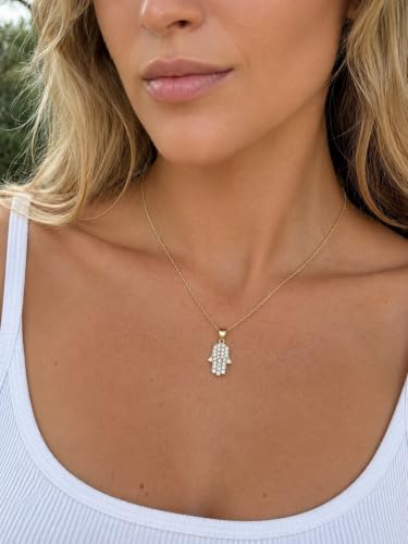 Made In Israel 14K Gold Plated Stainless Still Hamsa Necklace for Women – Jewish Symbol Pendant from Israel – Elegant Hebrew With Cubic Zirconia Dainty Religious Jewish Jewelry - color: Gold