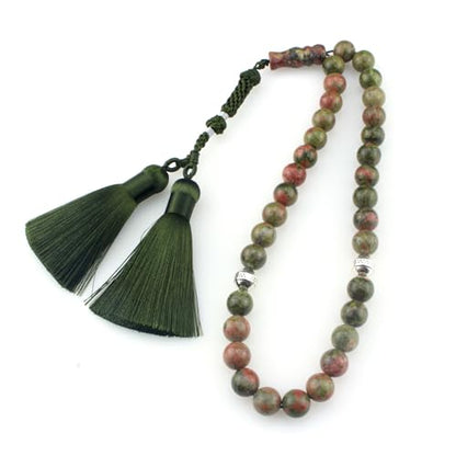 Muslims Islamic Dhikr 33 Tasbeeh Tasbih Prayer Beads, Flower Green Stone Beads with Tassel
