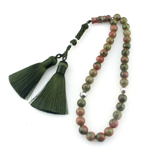 Muslims Islamic Dhikr 33 Tasbeeh Tasbih Prayer Beads, Flower Green Stone Beads with Tassel
