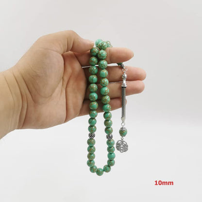 Tasbih Green Turquoise Stone Inside Gold Line Muslim Prayer Beads Islamic Rosary Beads Bracelet (12mm x 66 Beads) - size: 12mm x 66 beads