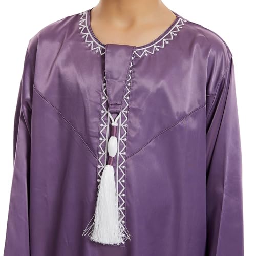Boys Muslim Clothing Kids Prayer Outfits Long Sleeve Eid Dresses Embroidered Thobe Solid Color Crewneck Arabic Abaya - color: Purple, size: 7-8 Years