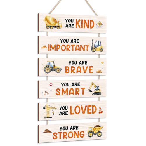 HPNIUB Construction Trucks Room Decor for Boys, Transportation Inspirational Positive Quotes Hanging Plaque Sign, Cartoon Vehicle Wood Sign for Nursery or Toddler Room Decor - size: Construction trucks