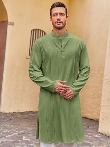 Runcati Mens Kaftan Thobe Button Down Henley Shirts Robe Long Sleeve Casual Cotton Pleated Muslim Gown Shirt - color: Army Green, size: X-Large