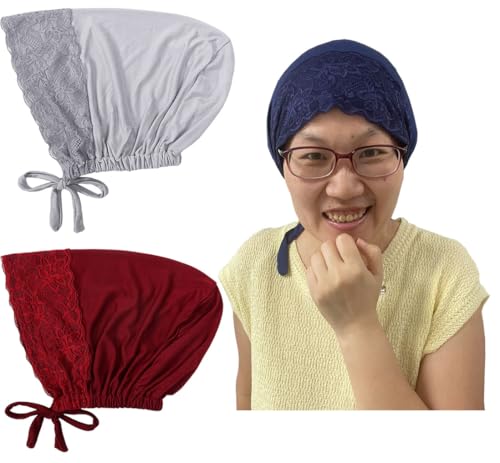 3Pack Islamic Muslim Under Hijab Cap Inner UnderScarf for women Lace Under Scarf Hat Hijab Cap with Tie - color: Light Grey Navy Blue Wine Red