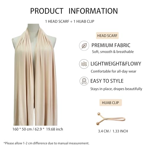 Jersey Hijab Scarf for Women,Lightweight Muslim Turban Head Scarf Modal Feel Hijab Coverings for Prayer with Clip - color: Skin
