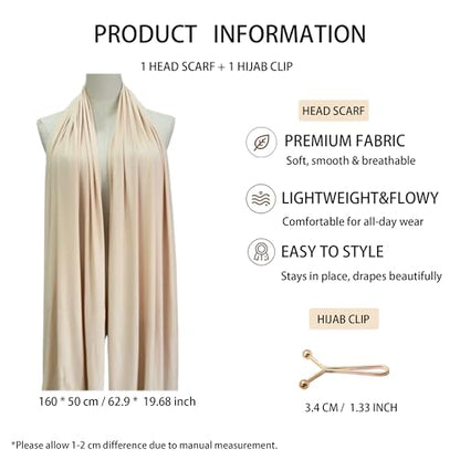 Jersey Hijab Scarf for Women,Lightweight Muslim Turban Head Scarf Modal Feel Hijab Coverings for Prayer with Clip - color: Skin