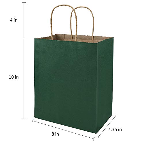 bagmad 100 Pack 8x4.75x10 Inch Medium Green Gift Paper Bags with Handles Bulk, Kraft Bags, Craft Grocery Shopping Retail Party Favors Wedding Business Sacks (Dark Green, 100pcs) - color: Green