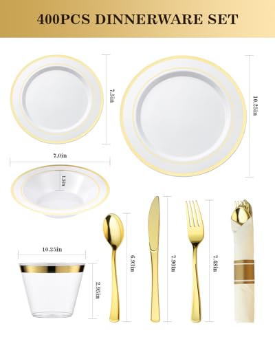 BESTVIP 400PCS Gold Plastic Dinnerware Set, Disposable Party Supplies for 50 Guests - Include 100 Plates, 50 Leak-Proof Soup Bowls, 50 Pre Rolled Napkins with Gold Silverware, 50 Cups - color: White & Gold, size: 50 Guests