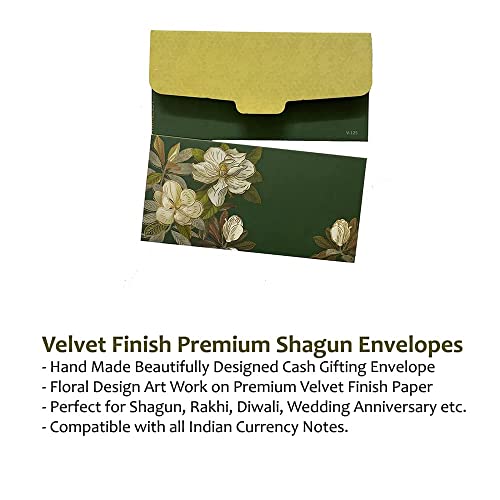 Paper Flower Printed Velvet Finish Shagun Envelopes for Gifting Sagan Wedding Cash Money, 19 X 9.5 cm, Pack of 10, Dark Green Color