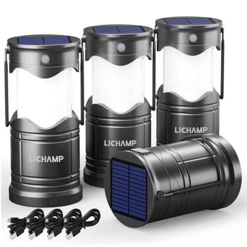 Lichamp 4-Pack Solar Camping Lantern, USB Rechargeable LED Lanterns Battery Powered Pop Up Flashlight Lamps with Three Modes Power for Power Outages Hurricane Supplies Emergency Indoor & Outdoor