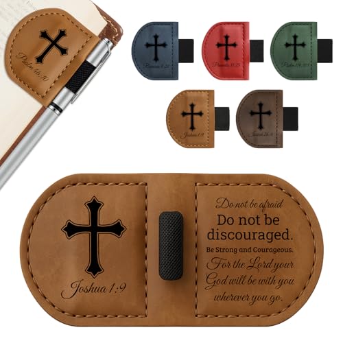 Bygone Mark Personalized Magnetic Leather Bookmark with Pen Holder - Inspirational Bible Verse Design, Custom Reading Accessory, Christian Gift for Book Lovers Men and Women(Brown-Joshua 1:9)