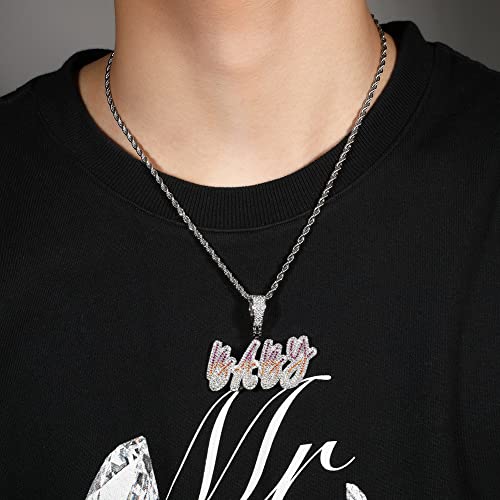 Lulu Mel Iced Out Personalized Cursive Name Necklace For Trendy Women, Custom Handmade Nameplate Pendant With Cuban Link Chain, White Gold Plated Hip Hop CZ Diamond Jewelry Gifts - color: Silver&Colorful