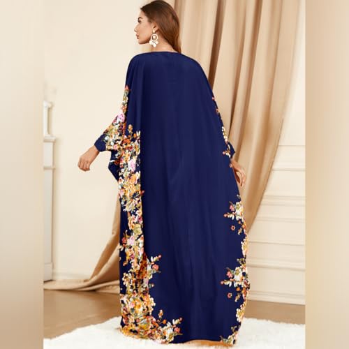ODIZLI Ramadan Abaya for Women Muslim Batwing Sleeve Floral Print Prayer Dress Dubai Turkey Kaftan - color: Royal Blue