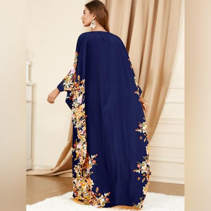 ODIZLI Ramadan Abaya for Women Muslim Batwing Sleeve Floral Print Prayer Dress Dubai Turkey Kaftan - color: Royal Blue