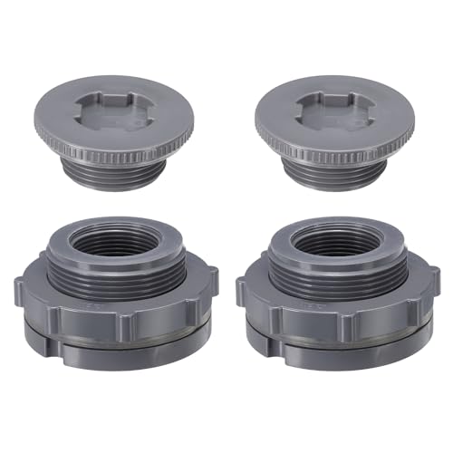 PATIKIL PVC Bulkhead Fitting with Plug NPT1-1/4", 2 Pack Bulkhead Water Tank Connector with Silicone Seal Gasket Garden Hose Fitting with Plug for Rain Bucket, Sinks, Aquariums, Gray