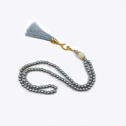 BAYKUL Muslim Prayer Beads 99, Islamic Rosary with Silver Allah Muhammad Engraved Tasbih, Zikr Namaz Worship Ramadan Tesbih Bracelet - color: Grey Pearl