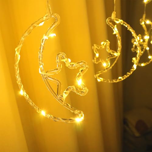 15.7 FT Star Moon Curtain String Lights Bedroom, 115 LED Ramadan Fairy Twinkle Light Window, 8 Lighting Modes Timer Memory, Wall Backdrop Room Holiday Indoor Outdoor Christmas Decoration, USB Operated