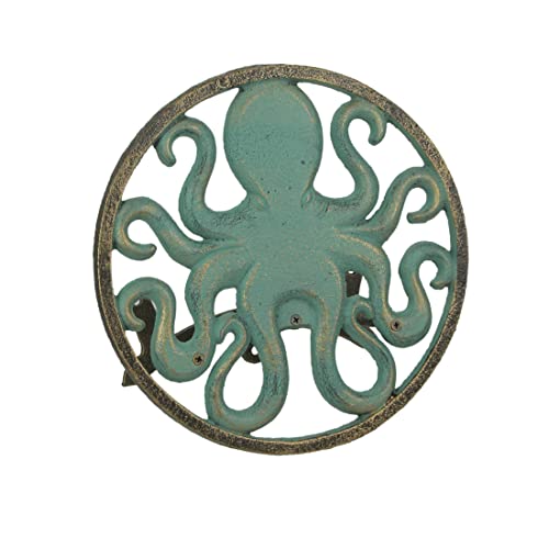 Zeckos Octopus Garden Hose Holder, 12 Inch Verdigris Cast Iron Wall Mount | Holds About 75-100 Ft of 5/8 Inch Hose, Three-Point Mounting, Bolts and Anchors Included - color: Octopus - Green