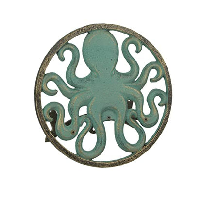 Zeckos Octopus Garden Hose Holder, 12 Inch Verdigris Cast Iron Wall Mount | Holds About 75-100 Ft of 5/8 Inch Hose, Three-Point Mounting, Bolts and Anchors Included - color: Octopus - Green