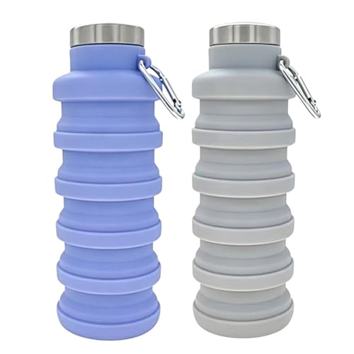 YCT Collapsible Water Bottle 17oz（500ml），Travel Portable Sport Water Bottle，Reusable Silicone Foldable Water Bottles for Gym Camping Hiking (Purple+Grey) - color: Purple+Grey, style: Retractable