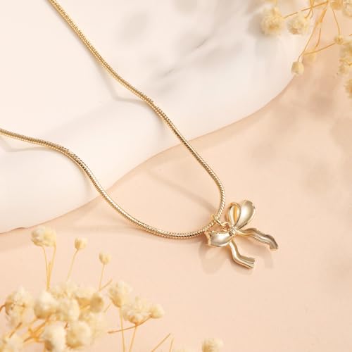 Risamil 여성용 골드 목걸이 - 리본 목걸이 14K 앙증맞은 골드 목걸이 귀엽고 작은 나비 펜던트 초커 체인 목걸이 트렌디 목걸이 여성용 골드 주얼리 선물 - color: 리본 목걸이-5