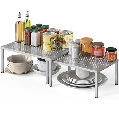 Simple Houseware Cabinet Counter Shelf Organizer w/Steel Surface, Silver | Expandable & Stackable 9" D x 12.75" W x 5.9" H - color: Silver