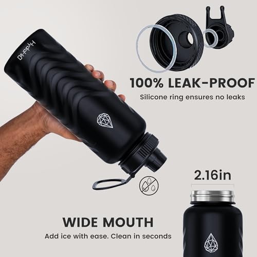 32oz Stainless Steel Insulated Water Bottle, 48H Cold & 24H Hot, Leak-Proof Wide Mouth Lids (Straw & Spout), BPA-Free Bottles, Mens Water Bottle for Gym, Hiking, Travel - Black - color: Black, size: 32 Ounces