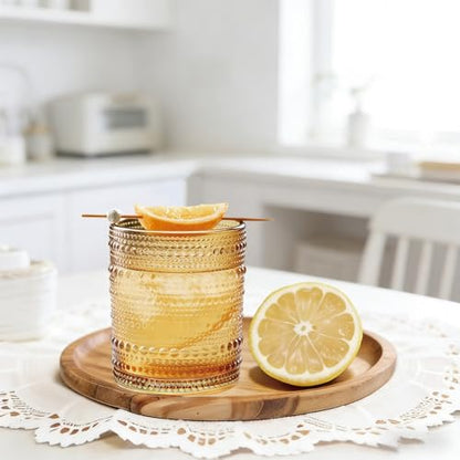 Flrolove Hobnail Drinking Glasses Set of 4, 10oz Amber Vintage Glasses | Cocktail Glasses, Vintage Glasses Drinking Set, Mixed Drinkware Set Vintage Glassware Set for Juice, Cocktail, Whisky, Soda