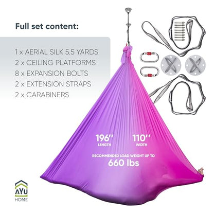 AyuHome Aerial Silks Kit for Home - Premium Yoga Swing for Adults with 660 lbs Capacity - Versatile Aerial Yoga Hammock for Gymnastics Training - color: Aerial silk - Purple & Pink - New