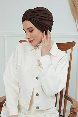 Aisha's Design Instant Turban Plain Cotton Scarf Head Wrap Lightweight Hat Bonnet Cap for Women - color: Brown