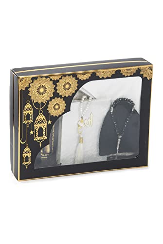 ihvan online Prayer Gift Box for Hajj and Umrah, Muslim Prayer Rug, Islamic Mat, 99 & 33 Pearly Beads Tesbih, Yaseen Book, Miswak, Hijab, Islamic Deluxe Set for Ramadan & Eid Gift, White/Set 1 - color: White / Set 1