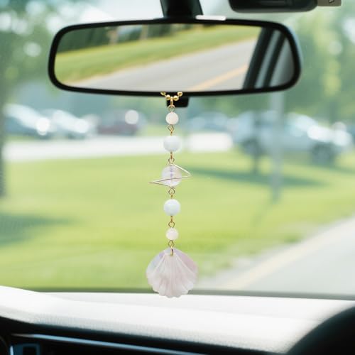 CASONA Beach Car Charm,Natural Seashell Rear View Mirror Hanging Ornament - color: White