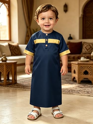 Toddler Ramadan Eid Outfit Traditional Middle Eastern Short-Sleeve Crew-Neck Thobe Kaftan Prayer Clothes - color: Navy Blue, size: 3-6 Months
