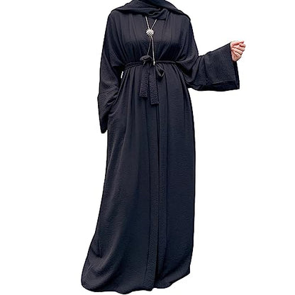 2PCS Women's Muslim Dresses Abaya Islamic Dubai Prayer Dress Robe Long Cardigan Maxi Dress - color: Black, size: Large