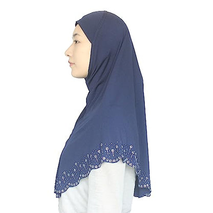 Instant Hijab Scarf for Women Muslim Women Clothing Headscarf for Girls with Czech Rhinestone - color: Navy Blue-wavy Edge