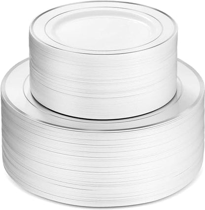 125 Piece Silver Dinnerware Party Set - 50 Silver Rim Plastic Plates, 25 Dinner 25 Dessert Plates, 25 Knives, 25 Forks, 25 Spoons - 25 Guest Disposable Set for Wedding Birthday Parties - color: Silver Rim