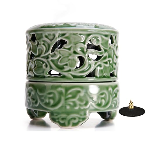 USMOLA Incense Burner with Lid, Ceramic Incense Holder for Stick Cones & Coils Incense with Burn Cotton for Home, Office, Yoga, Green Lotus