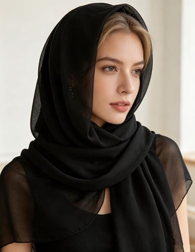 Utaly Lightweight Chiffon Scarf for Women Long Chiffon Sheer Scarf Ladies Fashion Sun-proof Shawls Wrap - color: Black