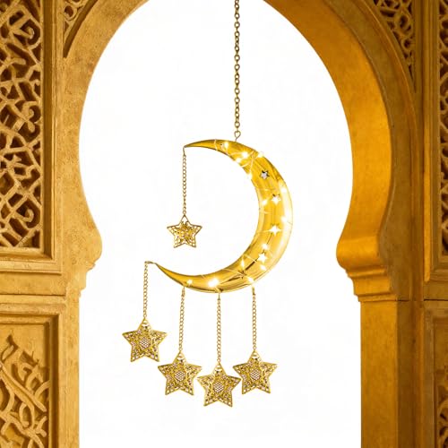 Ramadan Lights Home Decorations, Gold Metal Crescent Moon Hanging Star Lights, Battery Powered Wall Celestial Lamp, Eid Mubarak Bedroom Childrens' Room Window Door Decor, Islamic Muslim Gifts