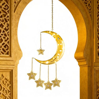 Ramadan Lights Home Decorations, Gold Metal Crescent Moon Hanging Star Lights, Battery Powered Wall Celestial Lamp, Eid Mubarak Bedroom Childrens' Room Window Door Decor, Islamic Muslim Gifts