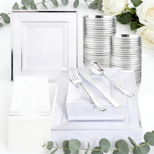Festiva 350Pcs Silver Plates - Silver Square Plastic Plates 9 .5" and 6" - serve for 50 guests include 50 Cups 50Plastic Cutlery 50Hand Napkins Perfect for Party&Wedding&Birthday - color: Square Sliver, size: 50 Guests