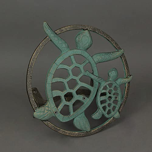 Sea Turtle Garden Hose Holder, 11.75 Inch Diameter Verdigris Cast Iron | Wall Mounted, 5.75 Inch Deep, Holds About 75 Feet of Hose, Three-Point Mounting Hardware Included - color: Sea Turtle - Green