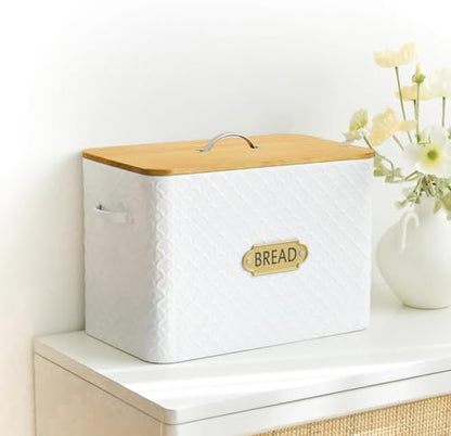 EMAX HOME Extra Large Space Saving Farmhouse Bread Box With Wood Lid - Holds 2 Loaves - Vertical Breadbox Bread Storage Bin Holder for Kitchen Countertop, White - color: Fish Scale Embossing