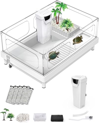 MoonOrange Small Turtle Tank with Filter, Turtle Aquarium, Acrylic Turtle Terrarium with Basking Platform, Bottom Drainage, Multi-Function Areas for Turtles, Crayfish, Small Reptiles.(Tank+Filter) - color: White+Filter
