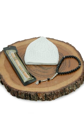 ihvan online Men’s Muslim Kufi Hat Set with Tasbih Prayer Beads & Miswak, Islamic Gift for Ramadan, Eid Mubarak, Hajj & Umrah - color: White