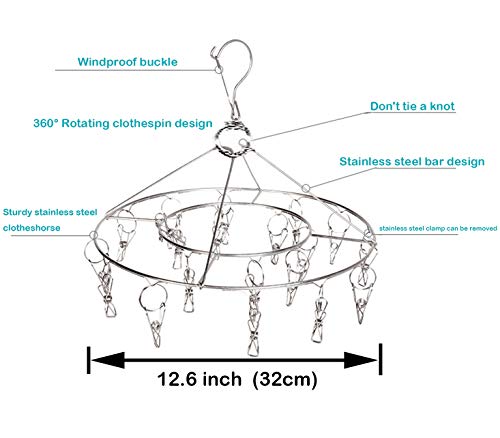 CenYouful Stainless Steel Round Hanging Drying Rack with 20 Clips for Drying Socks, Baby Clothes, Bras, Towel, Underwear, Hat, Scarf, Pants, Gloves - size: Circular-1 Pack