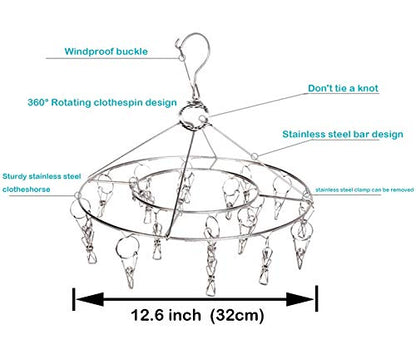 CenYouful Stainless Steel Round Hanging Drying Rack with 20 Clips for Drying Socks, Baby Clothes, Bras, Towel, Underwear, Hat, Scarf, Pants, Gloves - size: Circular-1 Pack