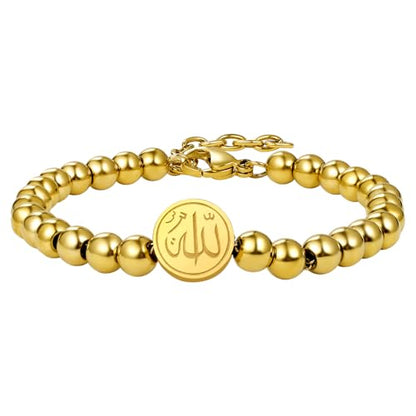 Aroncent Allah Stainless Steel Bracelet: Black Beaded Chain Islamic Jewelry - Ramadan Eid Gift for Men and Women - color: gold