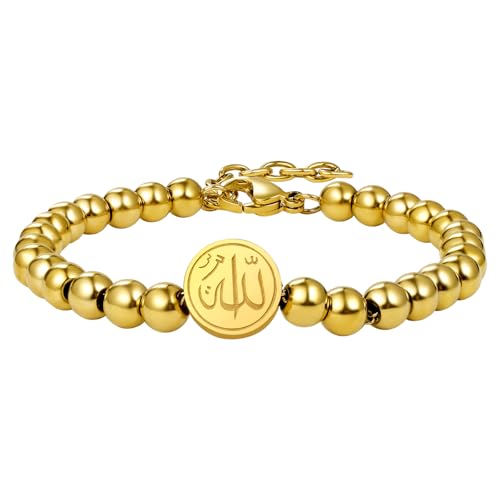Aroncent Allah Stainless Steel Bracelet: Black Beaded Chain Islamic Jewelry - Ramadan Eid Gift for Men and Women - color: gold