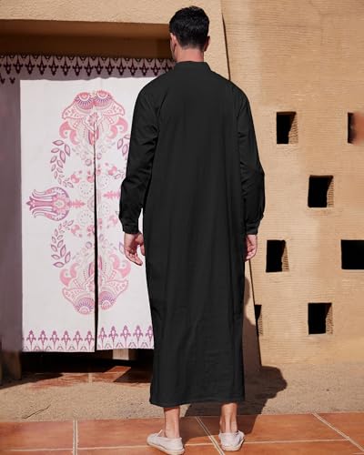 YAOHUOLE Muslim Thobe for Men Button down Mens Caftans Big and Tall Mens Arab Thobe with Pocket - color: Black, size: 3X-Large